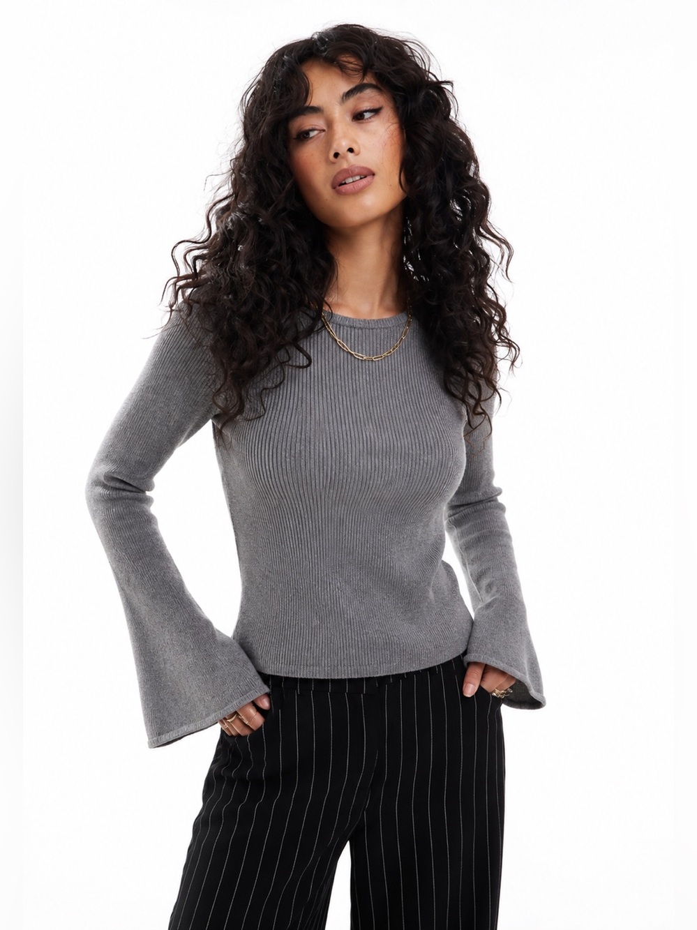 Top Shop Blue/Gray Ribbed Bell-Sleeve Sweater Top - Women size 8